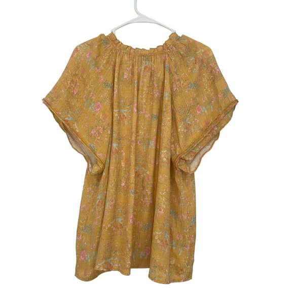 Wonderly Womens Mustard Yellow Boho Floral Blouse Size XL Short Ruffle V Neck - Picture 9 of 11